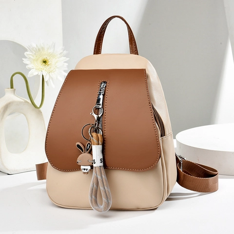 Women Fashion Backpack PU Leather Color Block Patchwork Travel School Bag Casual Mini With Cute Rabbit Charm Pendant