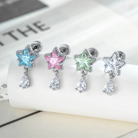 Boucle D'oreille Cartilage Étoile Zircon Goutte D'eau Pendante Piercing Hélix Tragus Bijoux Fermoir À Vis Élégant Accessoire