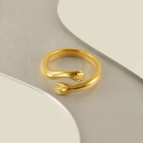 Hugging Hands Ring 18K Gold Plated Stainless Steel Adjustable Open Design Minimalist Jewelry Gift For Women