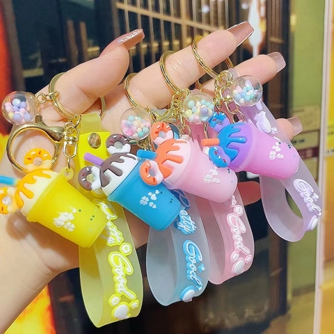 Milk Tea Cup Ice Cream Keychain Silicone PVC Alloy Drink Cup Bag Charm Cartoon Cute Kawaii Wrist Strap Accessory