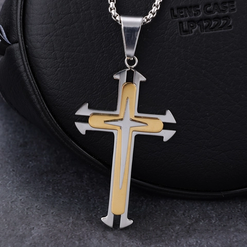 Collier Pendentif Croix Bicolore Acier Inoxydable Double Couche Rétro Poli Hip Hop Bijoux Pour Hommes Cadeau Religieux