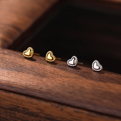 Elegant S999 Pure Silver Heart Stud Earrings For Women Minimalist Beaded Edge Heart Shaped Jewelry Gold Silver Accessories