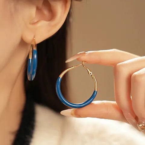 Retro Kontrastfarben Blau Emaille Creolen Mit Silberstecker Für Damen Vintage Mode Metall Schmuck