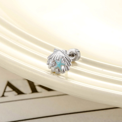 Starfish Shell Cartilage Stud Earring Blue Enamel Zircon Titanium Steel Screw Back Piercing Ocean Beach Style Jewelry