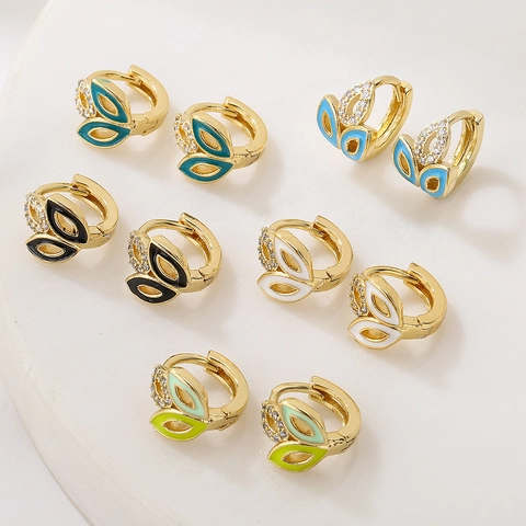 Copper Huggie Hoop Earrings 18K Gold Plated Colorful Enamel Leaf Rabbit Ear Geometric Zircon Jewelry INS Style Women