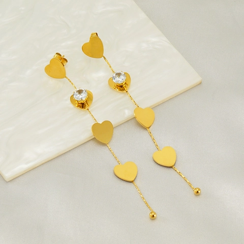 Hart Hanger Oorbellen Roestvrij Staal Verguld Met Zirkoon Lange Kwastje Drop Oorsieraden Voor Vrouwen Elegant Luxe