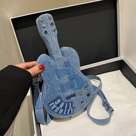 Guitar Shaped Denim Crossbody Bag For Women Vintage Niche Design Shoulder Purse With Rivets And Adjustable Strap