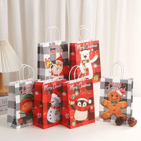 Sacs Cadeaux de Noël Papier Kraft Plaid Dessin Animé Père Noël Bonhomme de Neige Imprimé Sacs À Provisions Pour Fête