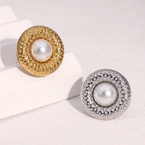 Anillo Abierto Ajustable De Acero Inoxidable Textura Martillada Con Perla Artificial Sintetica Chapado En Oro De 18K Joyeria Retro Elegante Para Mujer
