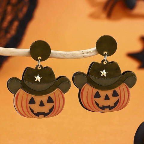 Halloween Kürbis Ohrringe Mit Cowboyhut Weißem Stern Acryl Harz Gruseliger Feiertagsschmuck Edelstahl Ohrstecker