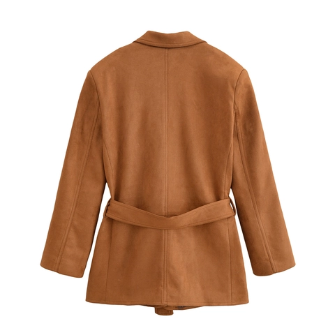 Damen Blazer Jacke Aus Wildlederimitat Mit Taillengürtel Revers Langarm Lässig Karamell Herbst Mode Oberbekleidung