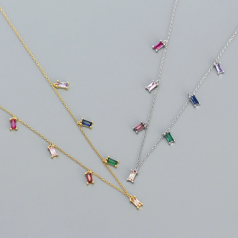 925 Sterlingsilber Bunter Zirkonia Halskette Für Damen Light Luxury Regenbogen Baguetteschliff Stein Anhänger Schlüsselbein Kette Schmuck