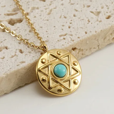 Collier Pendentif Rond Acier Inoxydable Plaqué Or 18K Turquoise Hexagramme Bijoux Bohème Vintage Pour Femmes
