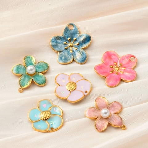Flower Charms Stainless Steel Enamel Cherry Blossom Pendants With Faux Artificial Pearl For DIY Jewelry Making Accessories