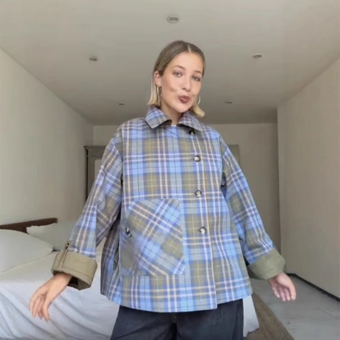 Women Plaid Patchwork Jacket Retro Lapel Button Down Loose Fit Casual Cotton Canvas Coat Outwear With Large Pockets