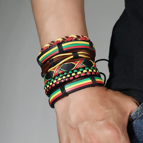 Heren Leren Armbanden Multi Layer Geweven Gevlochten Waskoord Legering Etnische Rasta Stijl Sieraden