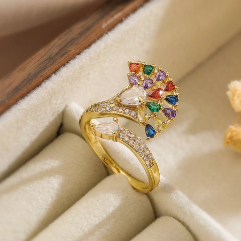 Luxuriöser Kupferring Verstellbar Vergoldet Bunte Zirkonia Geometrische Fächerform Schmuck Für Damen