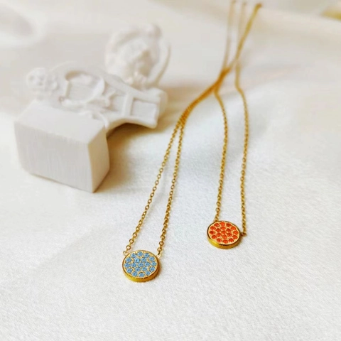 Collana Con Ciondolo Pietra Portafortuna Acciaio Inossidabile Disco Tondo Micro Pavé Strass Colorati Gioiello Per Donna