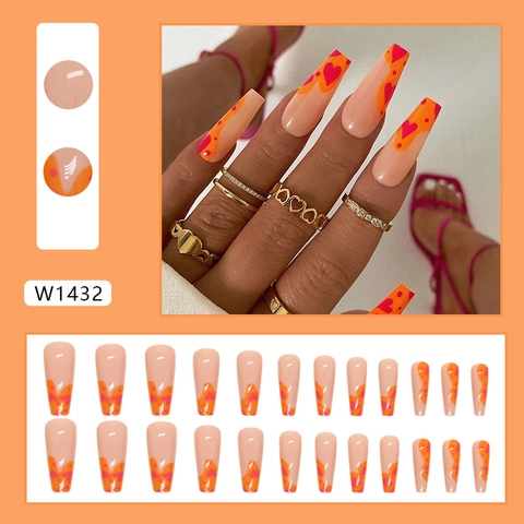 Unghie Finte Press On Coffin Lunghe Lucide Arancione Cuore Graffiti Rosa Nude Manicure Elegante Dolce