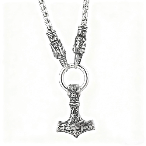 Nordic Viking Thor Hammer Mjolnir Pendant Necklace Stainless Steel Retro Mythology Wolf Head Jewelry