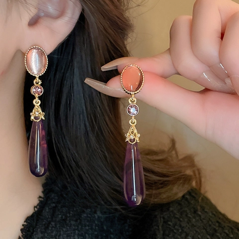Orecchini A Goccia In Resina Viola Vintage Francese Con Perno In Argento Sterling 925 Lega Strass Gioielli Eleganti