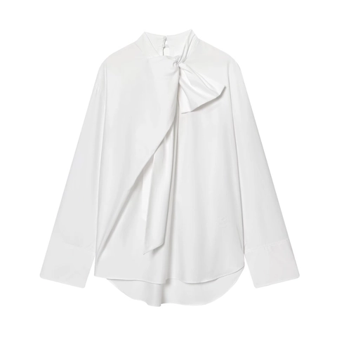 Witte Popeline Shirt Met Lange Mouwen En Grote Strik Elegante Modieuze Casual Losse Blouse Voor Dames Kantoor Top