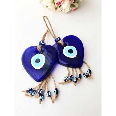 Ornamento Appeso Occhio Turco Forma Cuore Vetro Blu Amuleto Nazar Decorazione Casa Con Corda Canapa Nappa