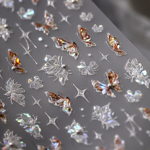 3D Laser Butterfly Nail Art Stickers Holographic Relief Star Artificial Pearl Adhesive Decals Retro Luxury Manicure Decoration
