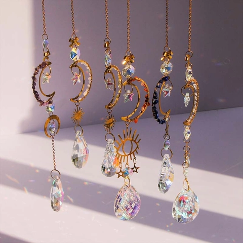 Crystal Suncatcher Hanging Ornament Moon Star Gold Metal Prism Rainbow Maker Home Garden Window Decoration Natural Stone