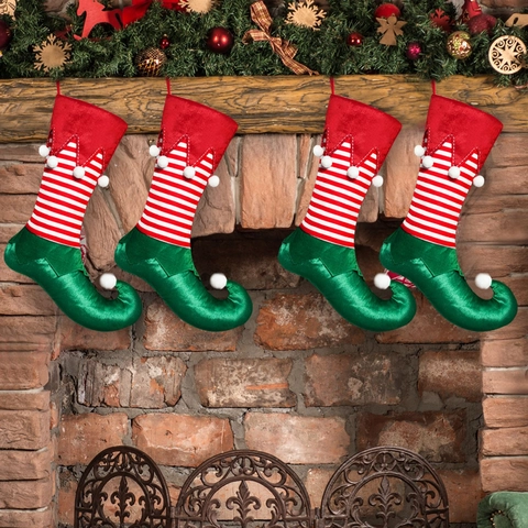 Chaussette de Noël Lutin Sac Cadeau Rayé Rouge Blanc Vert Velours Satin Décoration à Suspendre Ornement Arbre Fête