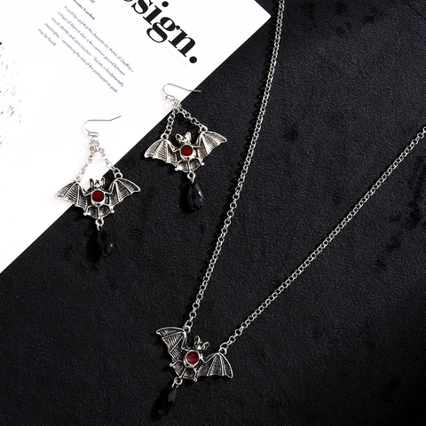 Collana E Orecchini Gotici Pipistrello Croce Lega Argento Retrò Con Strass Rossi Gioielli Halloween Per Donna