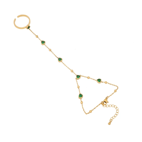 Vintage Emerald Green Heart Slave Bracelet Stainless Steel Gold Plated Ring Chain Hand Harness Jewelry For Women