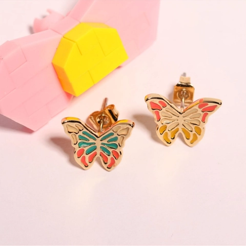 Orecchini a Bottone a Farfalla in Rame Vintage da Donna Smalto Multicolore Gocciolamento Olio Forma Animale Gioielli Simmetrici Regalo