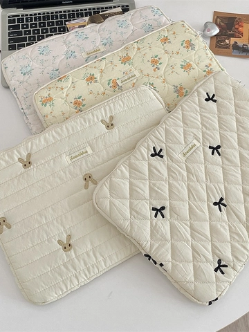 Quilted Laptop Sleeve Bag Korean Style Floral Rabbit Bow Embroidery Shockproof Protective Tablet Case For Women Students