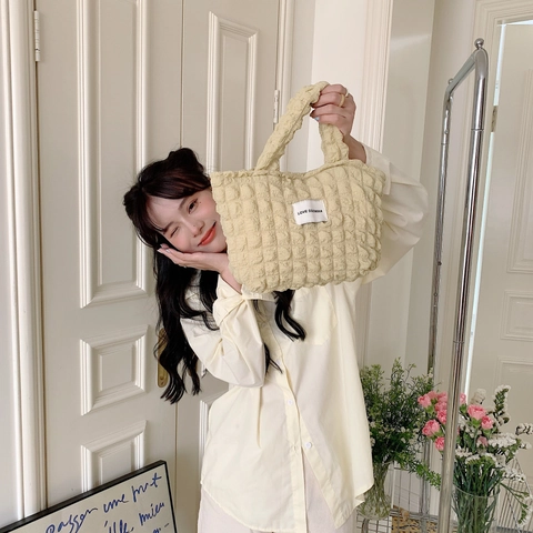 Borsa A Mano Da Donna Con Texture A Bolle Tessuto Popcorn Cerniera Shopping Bag Portatile Casual Leggera Chic