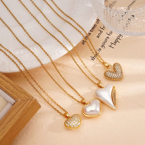 Elegante Collana Con Ciondolo a Cuore in Rame per Donna Perla Artificiale Strass Intarsiato Catena per Clavicola Doppio Lato Gioielli Regalo
