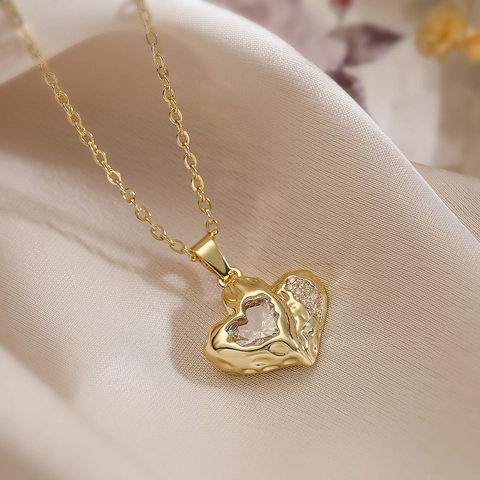Heart Pendant Necklace Copper With Zircon Double Heart Design Chic Fashion Jewelry For Women Elegant Clavicle Chain