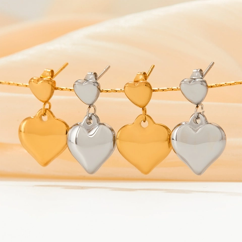 Retro Heart Dangle Earrings Stainless Steel Mirror Polished Double Heart Drop Jewelry For Women Sweet Cool Minimalist