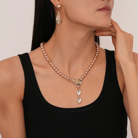 Set Di Gioielli Collana E Orecchini Con Künstliche Perle Di Imitazione Testa Di Serpente Cristallo Goccia Strass Stile Retrò Donna