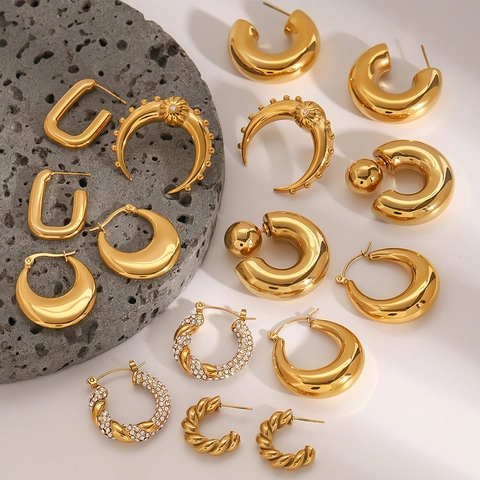 Boucles D'oreilles Créoles En Acier Inoxydable Plaqué Or Forme C Géométrique Zircone Cubique Imperméable Hypoallergénique Bijoux Mode Femmes