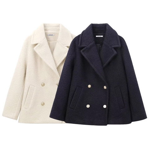 Women Boucle Wool Blend Coat Elegant Lapel Jacket With Gold Buttons Loose Fit Autumn Winter Warm Outerwear