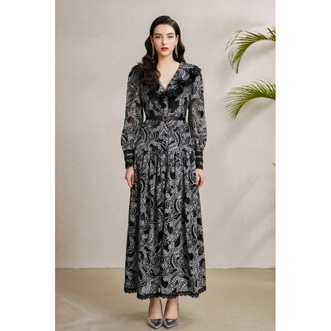 Vestito Maxi Elegante Da Donna Con Stampa Paisley Floreale Scollo A V Manica Lunga Bordo In Pizzo E Cintura Vintage