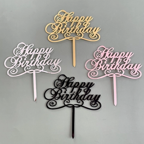 Happy Birthday Cake Topper Acrylic Mirror Reflective Lettering Dessert Table Decoration For Party Gold Silver Rose Gold Black