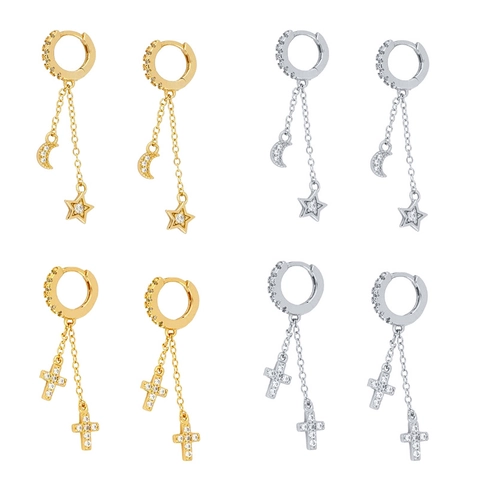 Kupfer Creolen Mit 925 Sterlingsilber Ohrstecker-Stift Stern Mond Kreuz Anhänger Asymmetrische Kette Strass Ohrhänger Für Damen