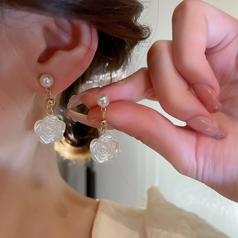 Orecchini Pendenti Camelia Rosa Bianca Con Perla Artificial Imitazione E Perno In Argento Sterling 925 Gioielli Eleganti Da Donna