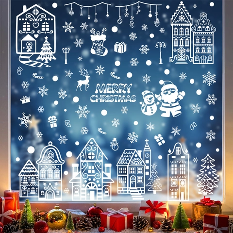 Christmas Window Stickers Static Cling Decals White PVC Snowflake Santa Claus Reindeer Snowman For Glass Door Decoration