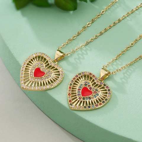 Heart Pendant Necklace Copper Real Gold Plated Colorful Cubic Zirconia Red Enamel Vintage Clavicle Chain For Women
