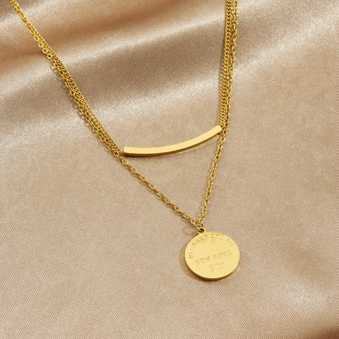 Double Layer Necklace Gold Plated Stainless Steel Engraved Disc And Curved Bar Pendant Minimalist Jewelry For Women