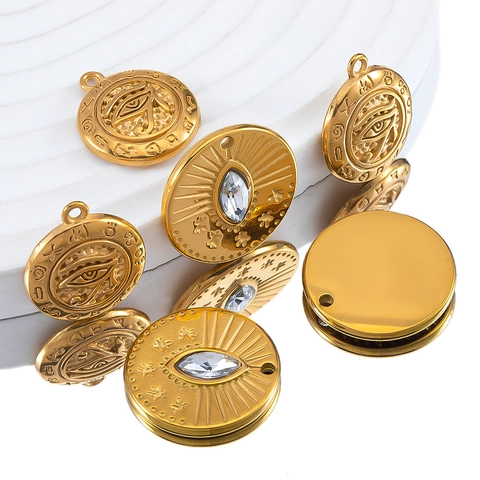 Vintage Stainless Steel Round Evil Eye Pendants Gold Plated Zircon Horus Eye Charms For DIY Necklace Bracelet Making