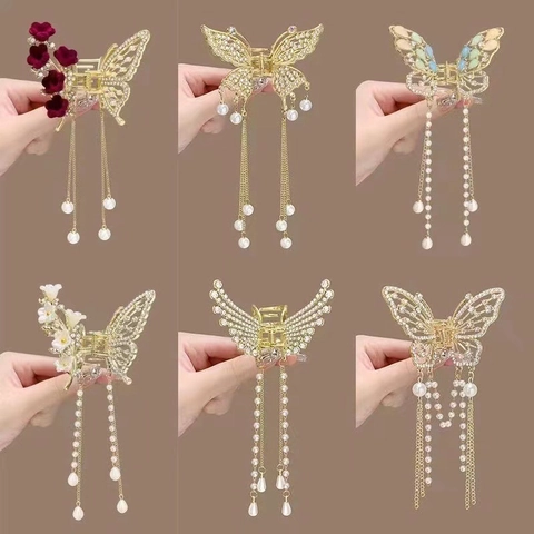 Butterfly Hair Claw Clip Alloy Rhinestone Faux Artificial Pearl Long Tassel Elegant Vintage Hair Accessory For Women